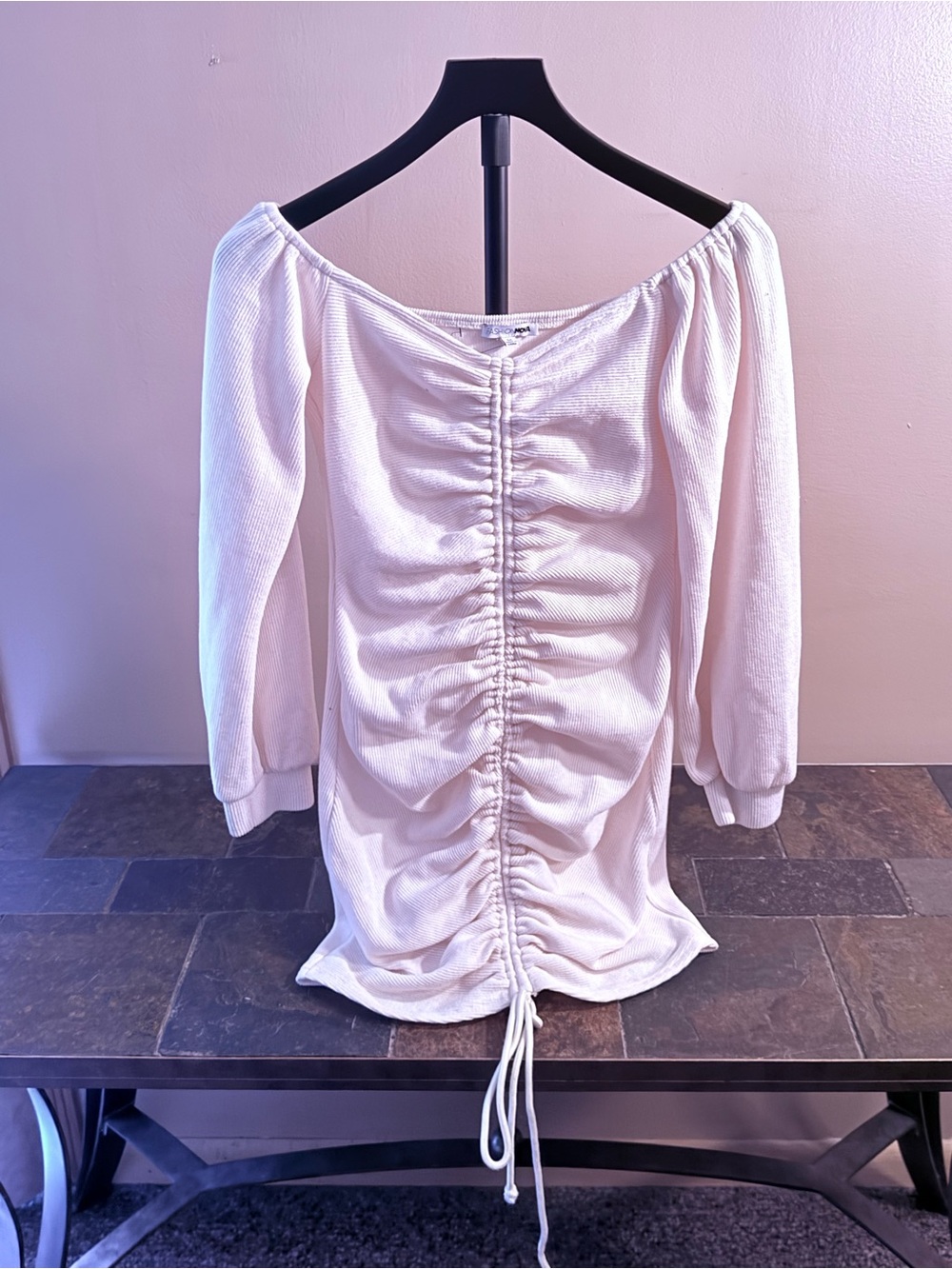 Fashion Nova Cream Ruched Off-Shoulder Long Sleeve Dress